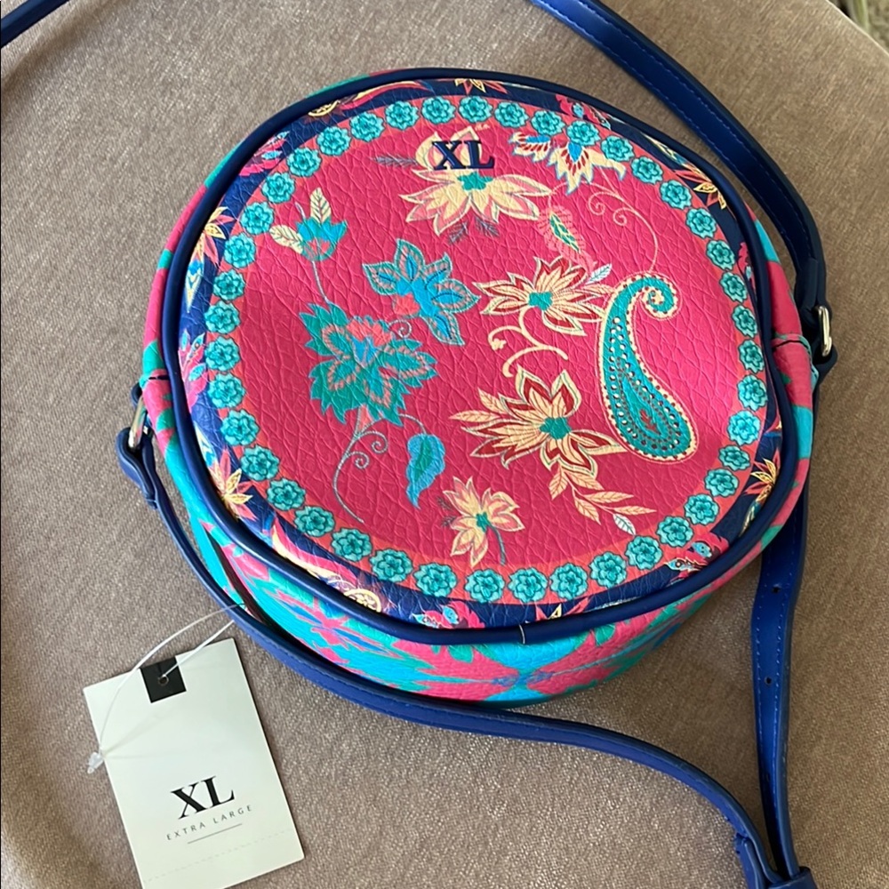Pink and Blue Circular Crossbody Bag with Mythical Motif